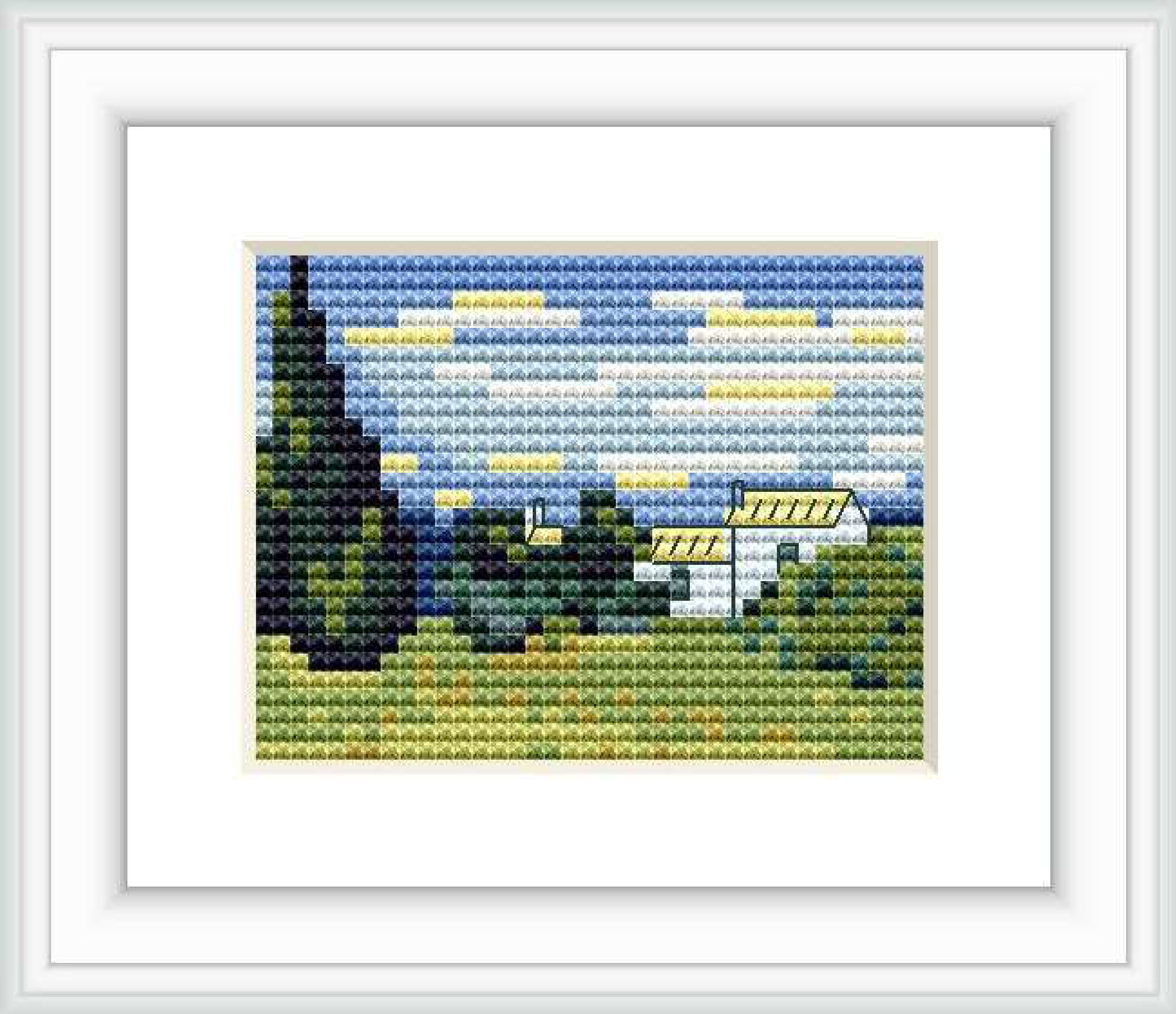 The image portrays a cross stitch pattern of a countryside landscape featuring a wheat field in the foreground, cypress trees, and small houses in the background under a cloudy sky.