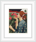 The image depicts a framed cross stitch pattern showing a woman in profile smelling a red rose, surrounded by greenery and other roses.