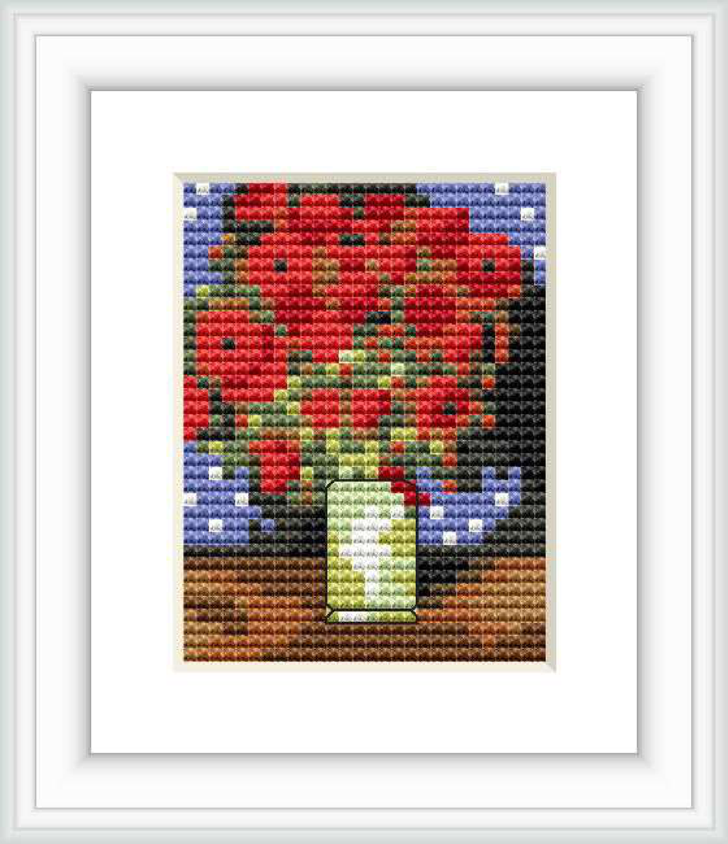 The image depicts a cross stitch pattern of a vase with red poppies against a dark background, framed within a white border.