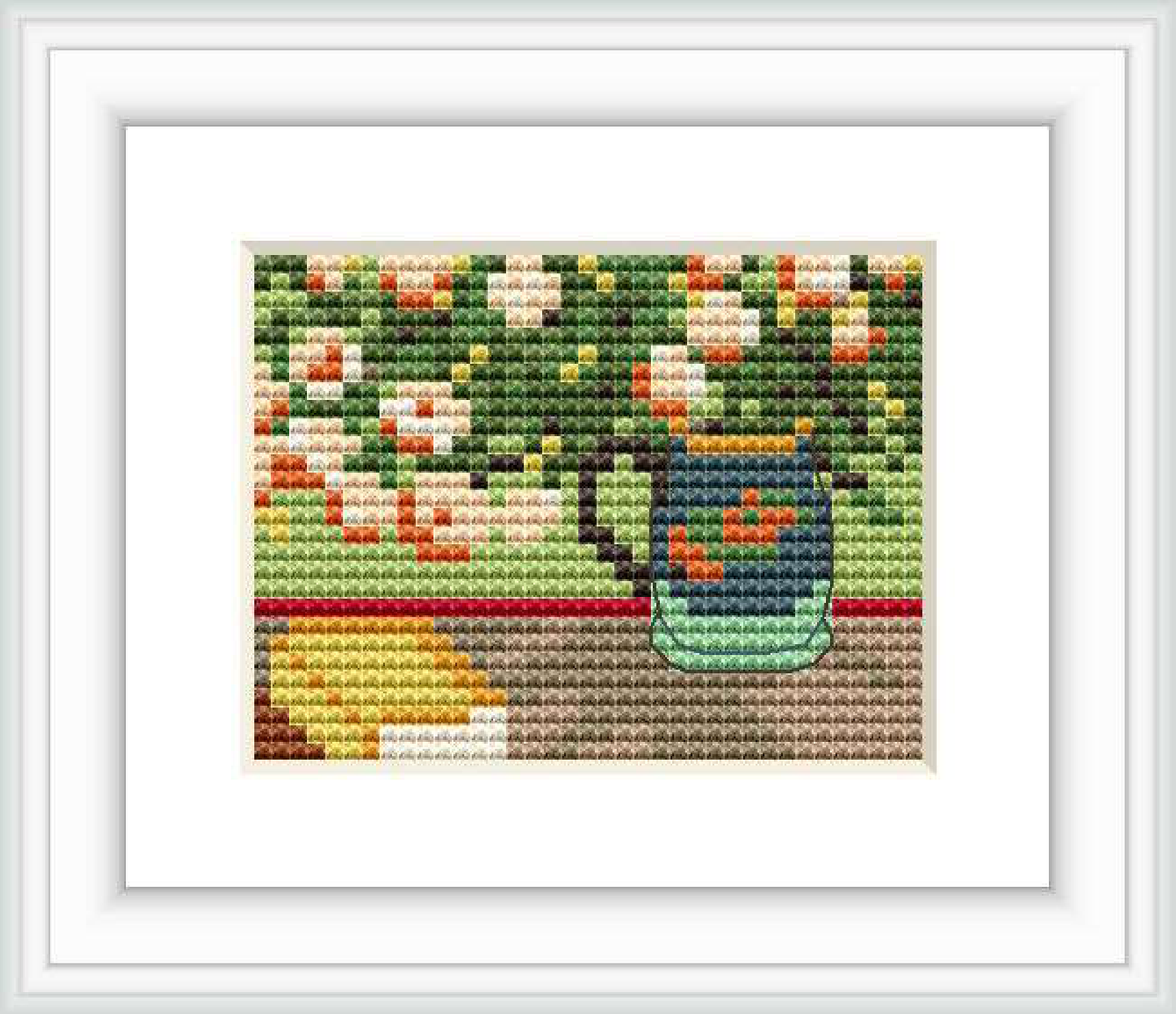 The cross stitch pattern displays a vase filled with oleanders atop a pile of books. The background suggests a tapestry or a wall with varying hues of green and splashes of red and white, created in a style evocative of Vincent Van Gogh's brushwork.