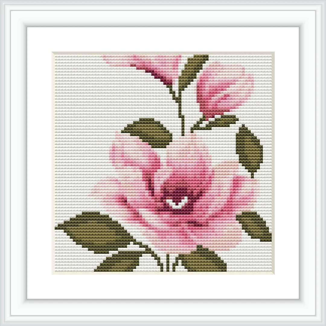 The image presents a framed cross stitch pattern depicting a single baby pink flower with green leaves on an off-white canvas, measuring 4.0 by 4.0 inches inside a frame.