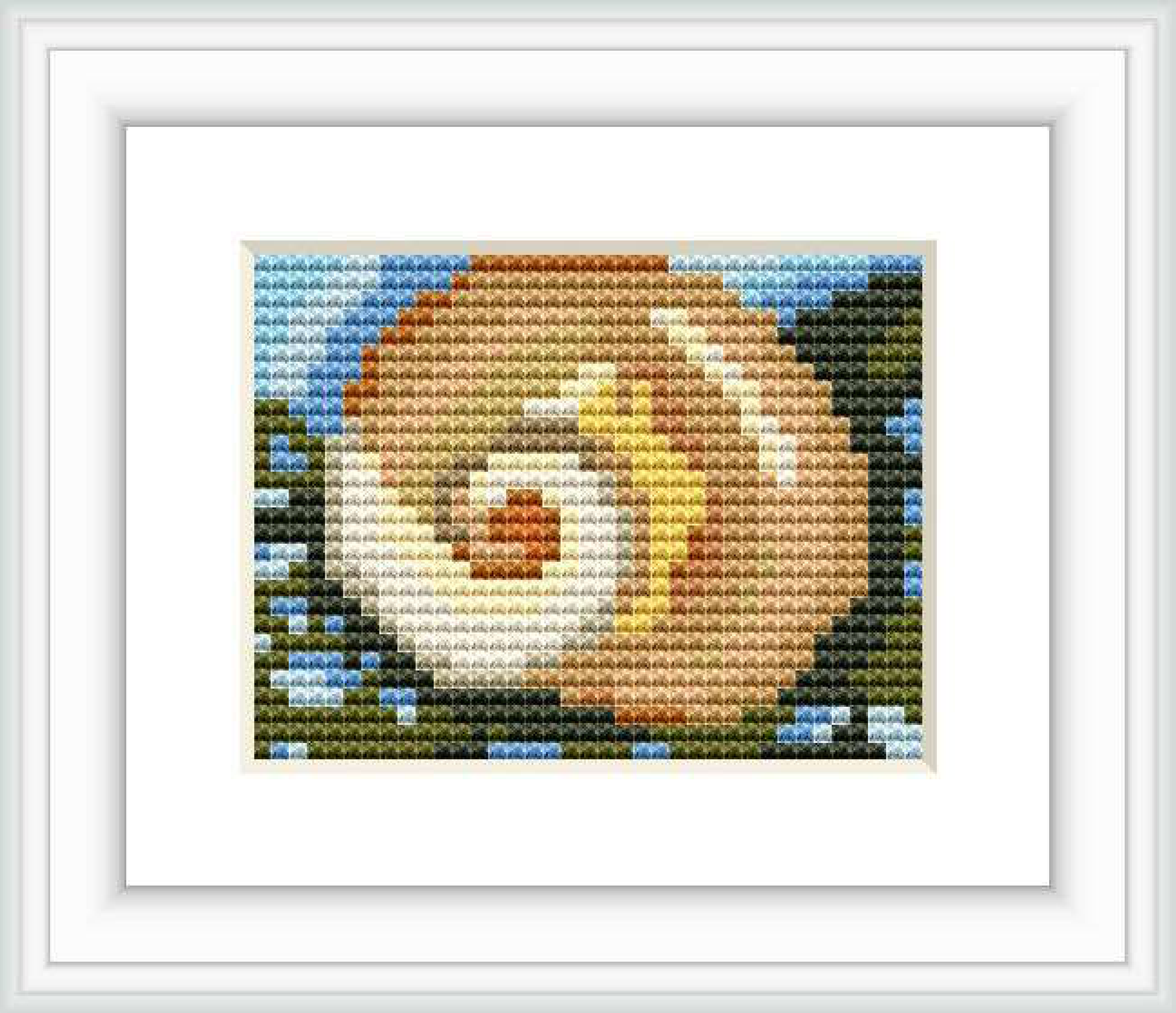 The image displays a detailed cross stitch pattern framed in white. It depicts a stylized marine shell surrounded by suggestions of seaweed, primarily in shades of pink and beige, against a blue and white background.