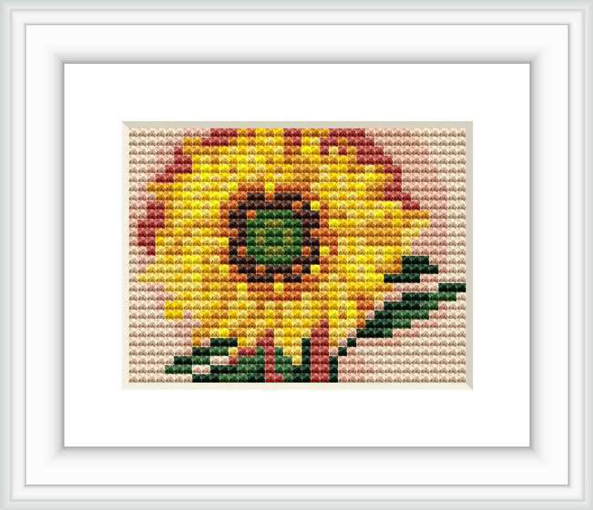 The image depicts a stylized sunflower pattern for cross stitch, framed and placed against a white background.