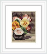 A framed cross stitch pattern depicting a bouquet of roses with a blend of pastel colors, primarily yellow and pink, against a dark background, contained within a white square frame.