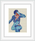 The image depicts a cross-stitch pattern of a nude female form in profile. The pattern uses a limited color palette with shades of blue and hints of orange, creating an abstract representation on a white canvas.
