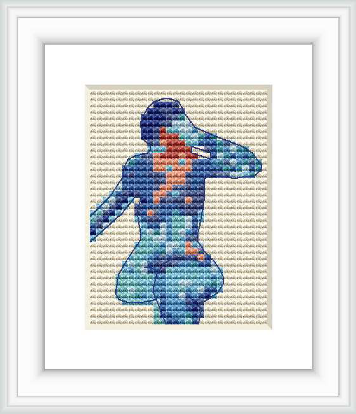 The image depicts a cross-stitch pattern of a nude female form in profile. The pattern uses a limited color palette with shades of blue and hints of orange, creating an abstract representation on a white canvas.