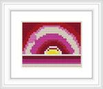 The image shows a framed cross stitch pattern that depicts an abstract sunrise with layered colors fading from dark purple to bright yellow at the center.