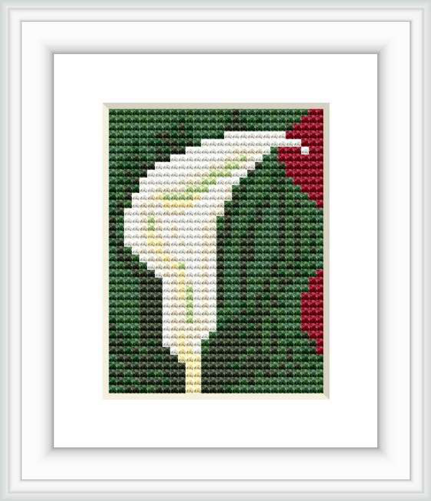 The image shows a framed cross stitch pattern with a single red calla lily against a dark green background, centered within a white frame.