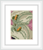 The image depicts a cross stitch pattern of two stylized calla lilies on a pink background. The design is framed, showcasing the intricate stitching and color details.