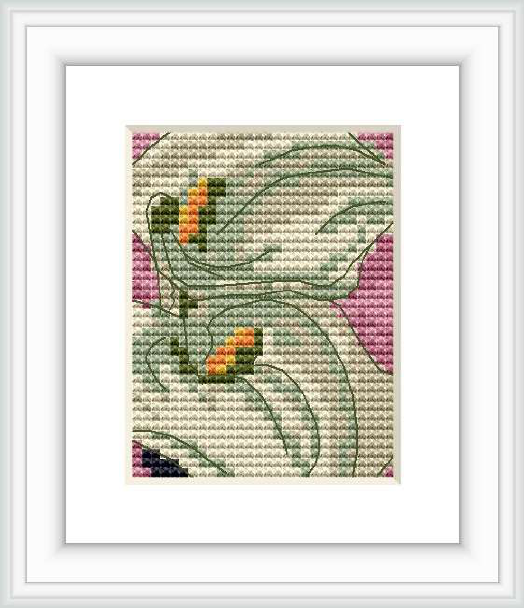 The image depicts a cross stitch pattern of two stylized calla lilies on a pink background. The design is framed, showcasing the intricate stitching and color details.