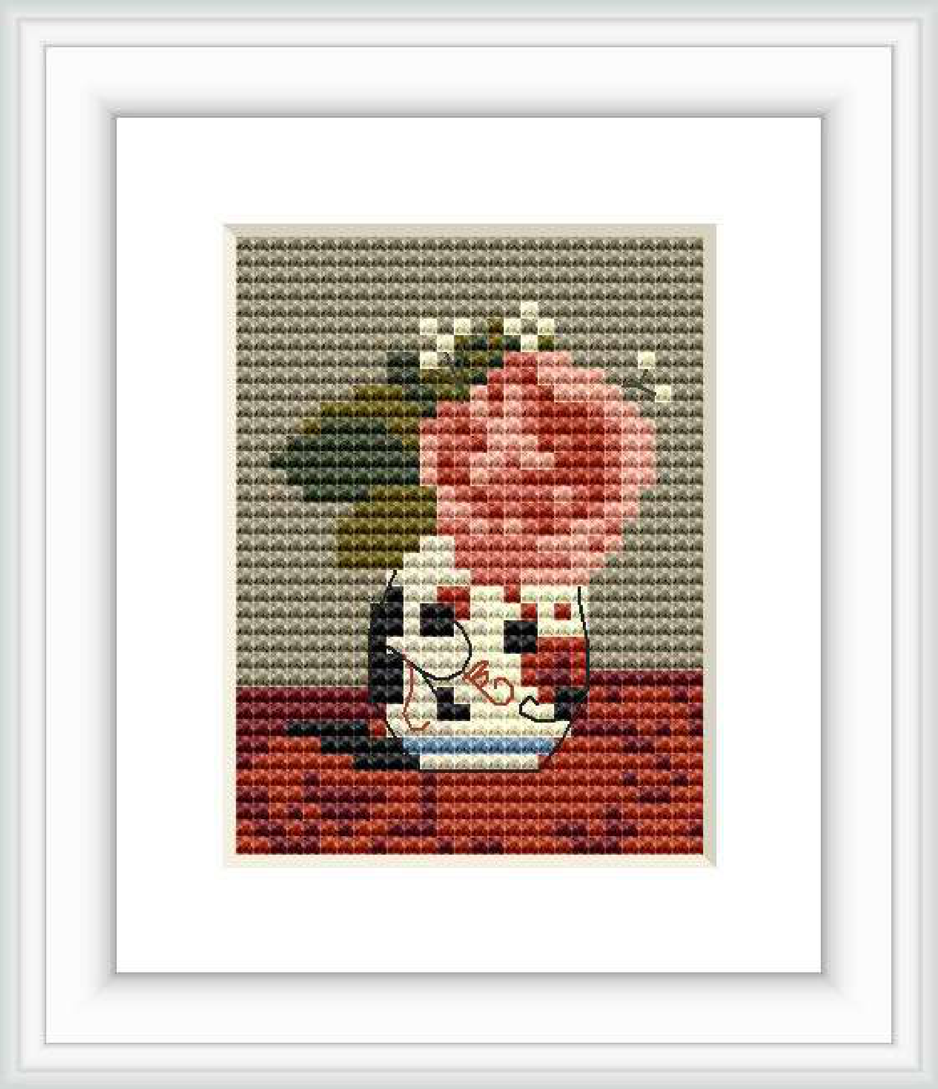 The image depicts a cross stitch pattern featuring a bouquet of pink roses and blue forget-me-nots placed in a vase, with subtle shades of green and brown in the background.