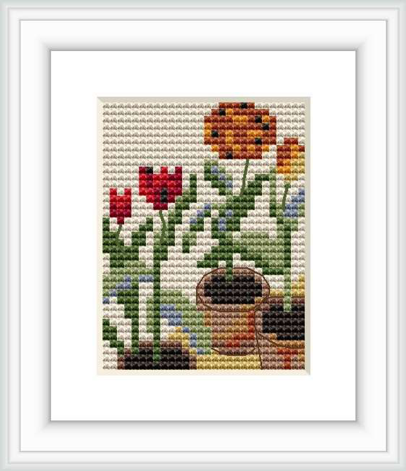 The image features a framed cross stitch design depicting three pots of tulips with varied colors such as red and yellow, set against a background with shades of blue and green.