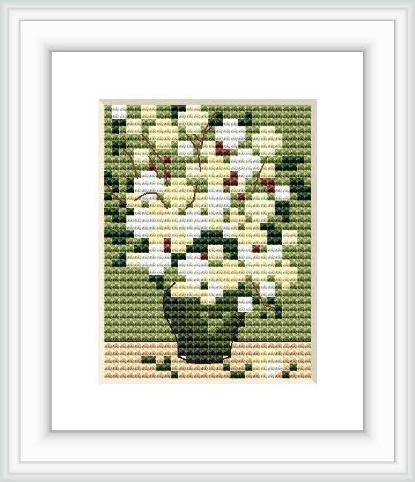The image presents a cross stitch pattern of roses arranged in a vase, set against a mottled green background with a clear border framing the design.