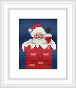 The image depicts a cross-stitch pattern of Santa Claus with a cheerful expression, popping out of a red chimney against a navy-blue backdrop, framed in white.