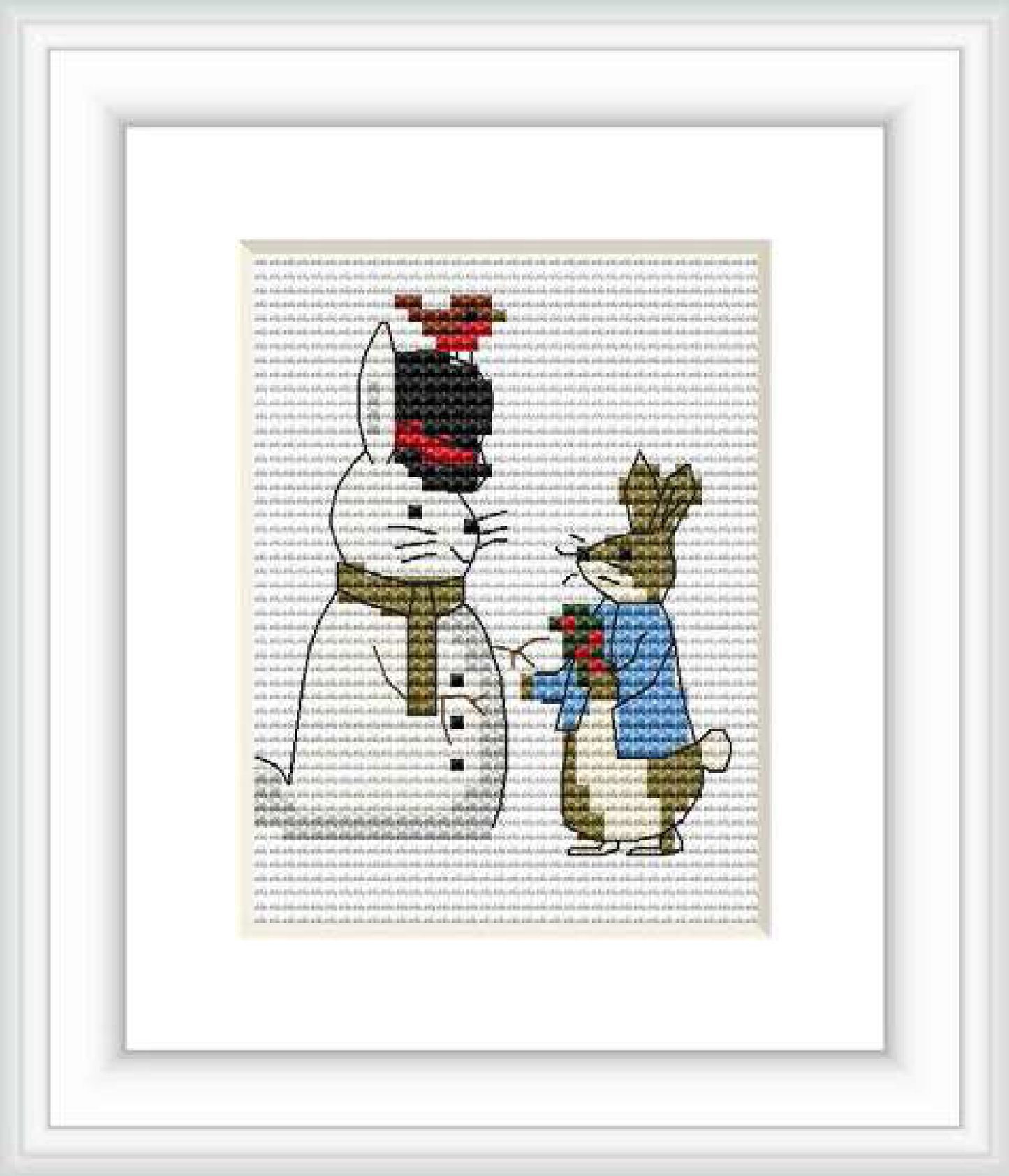 A cross stitch pattern depicting a white snowman with a black top hat and red scarf, receiving a blue snowball from a brown and white dog wearing a blue coat and a red and green scarf. The background is plain, suggesting a snowy setting.