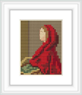The image depicts a cross-stitch pattern of Red Riding Hood, a character in a fairytale. This particular representation references the work of Sir John Everett Millais. Positioned to the left, she is wrapped in a red hood and cloak, set against a neutral, dark background.
