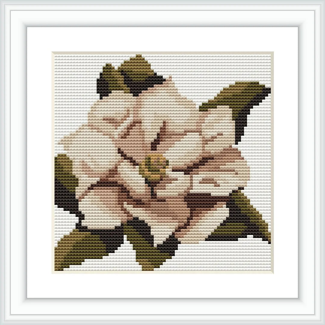 An image of a framed cross stitch pattern featuring a beige flower with olive and brown leaves, stitched on white aida cloth.