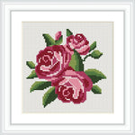 The image depicts a cross stitch pattern of 16 stylized roses arranged closely together. The roses are stitched in shades of pink and magenta, with green leaves on a cream or white background, framed within a square border, creating a classic floral motif.