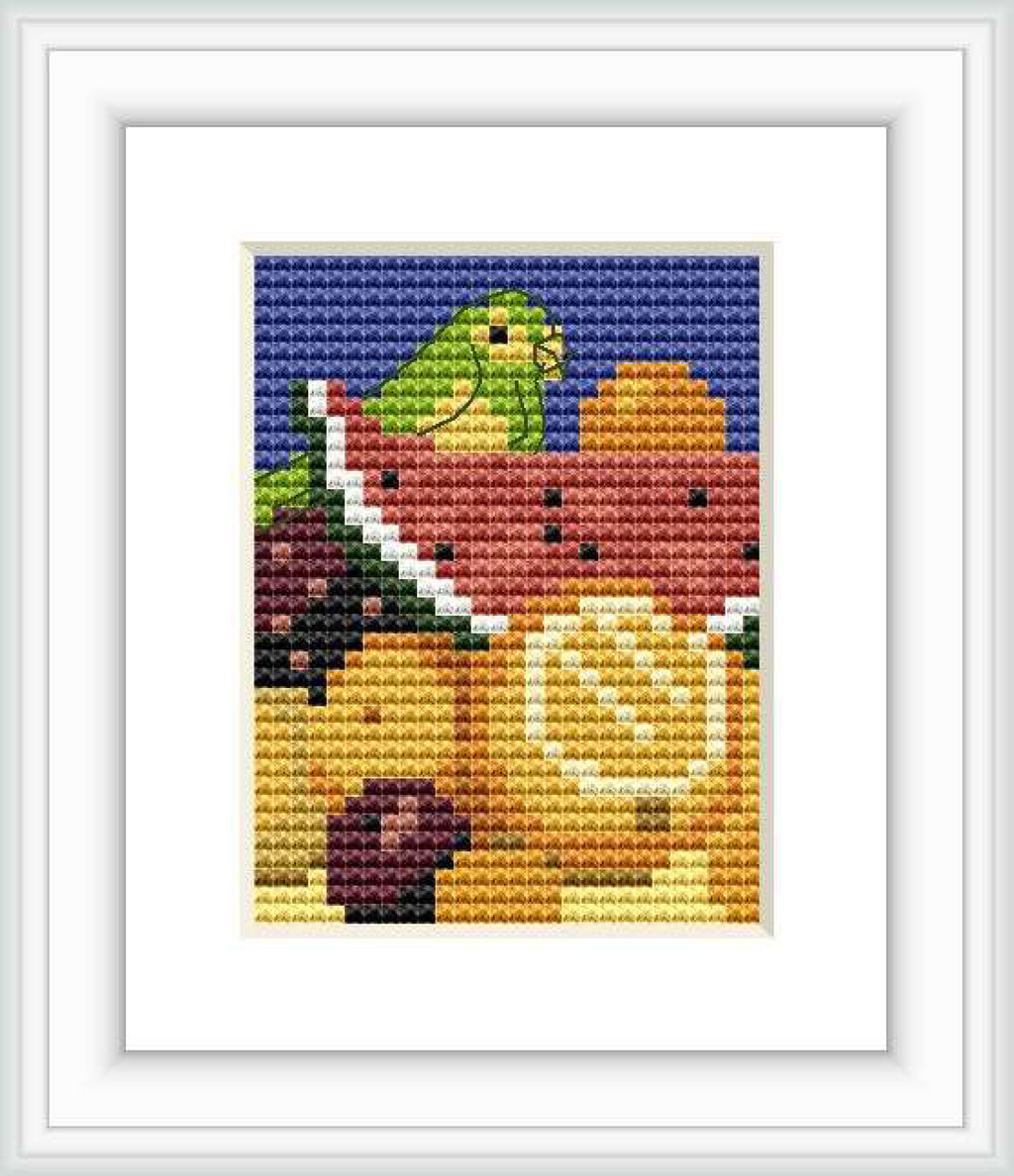 The image depicts a cross stitch pattern that features a parrot sitting beside a bowl of fruits including a watermelon slice, against a dark blue background.