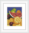 The image depicts a cross stitch pattern that features a parrot sitting beside a bowl of fruits including a watermelon slice, against a dark blue background.