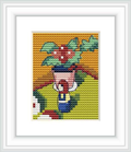 The image features a potted plant with a colorful toy placed beneath it, all set against a background with warm, harmonious colors.