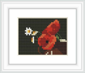 The cross stitch pattern features a large poppy flower on the left and a smaller daisy on the right against a dark background, suggestive of the painting style of Odilon Redon.