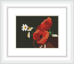 The cross stitch pattern features a large poppy flower on the left and a smaller daisy on the right against a dark background, suggestive of the painting style of Odilon Redon.