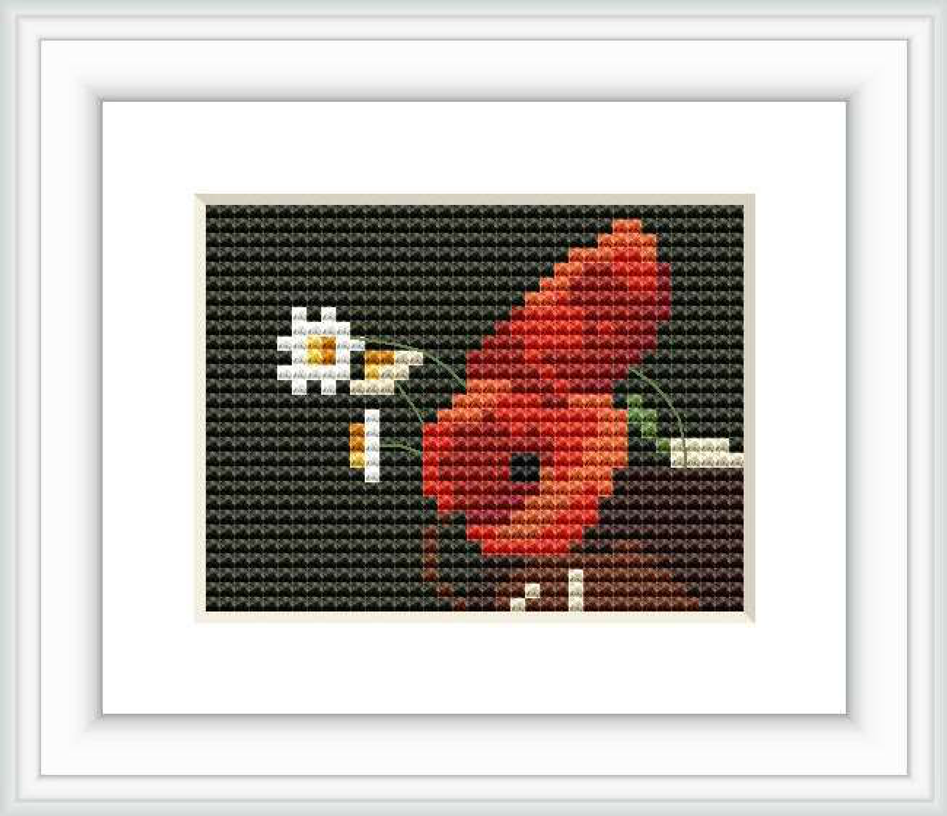 The cross stitch pattern features a large poppy flower on the left and a smaller daisy on the right against a dark background, suggestive of the painting style of Odilon Redon.