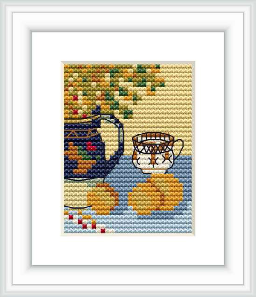 The image features a blue pitcher and a matching cup with decorative elements, two yellow fruits resembling lemons, and a backdrop that implies a wall and table surface with a pattern reminiscent of Van Gogh's brushwork.