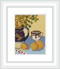 The image features a blue pitcher and a matching cup with decorative elements, two yellow fruits resembling lemons, and a backdrop that implies a wall and table surface with a pattern reminiscent of Van Gogh's brushwork.