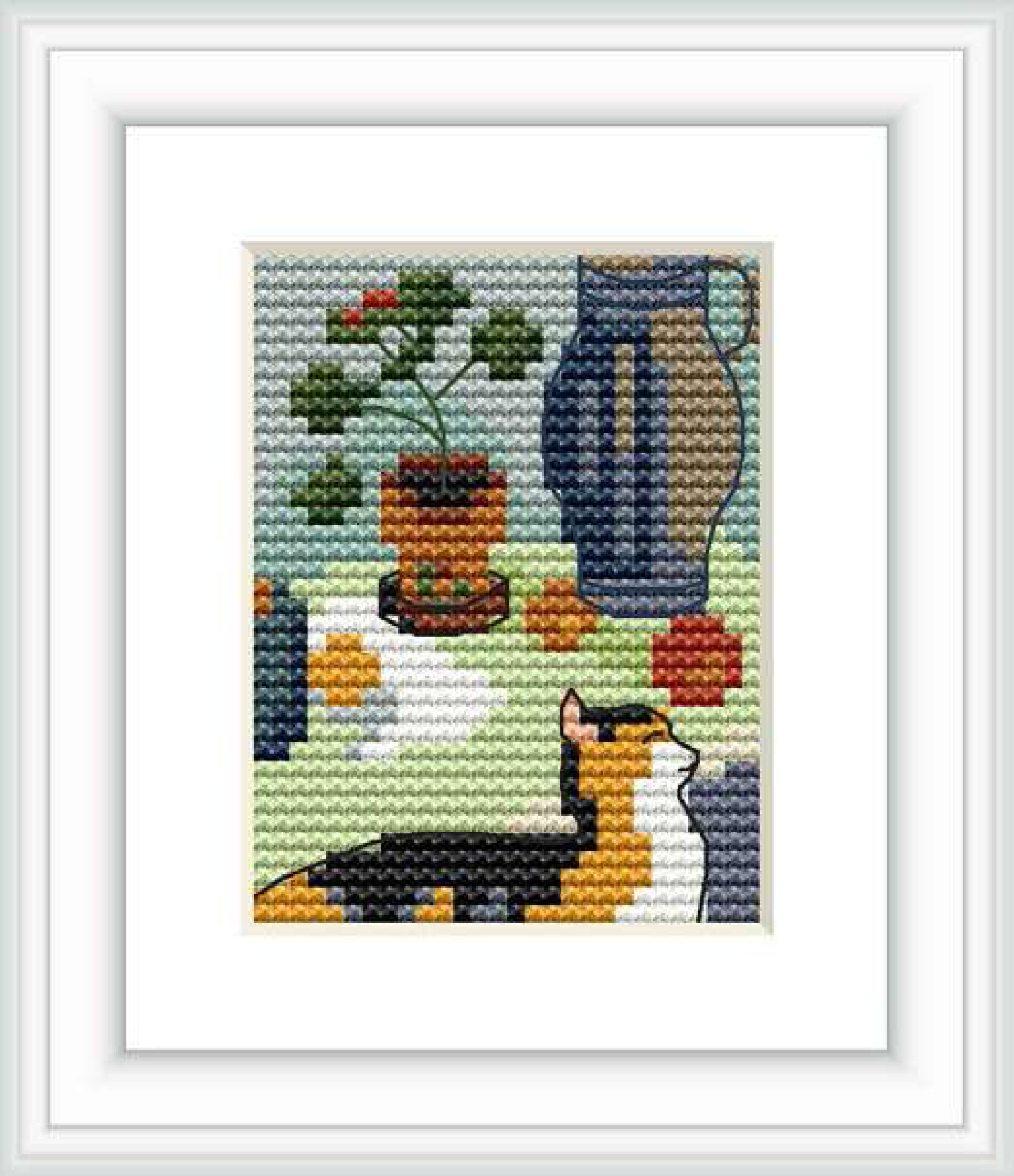 The cross stitch pattern features a black cat sitting beside a flower pot with red blossoms, a large blue vase, and a smaller patterned vase on alternating colored tiles.