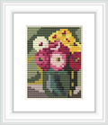 The image depicts a cross stitch pattern of vibrant zinnias in various colors placed within a green jar against a dark, olive-colored background.