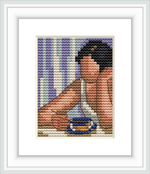 The pattern depicts a person leaning on a table with a cup and saucer in front, against a vertically striped background.