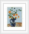 A cross stitch image depicting Nasturtium flowers in a blue vase with a simple background.