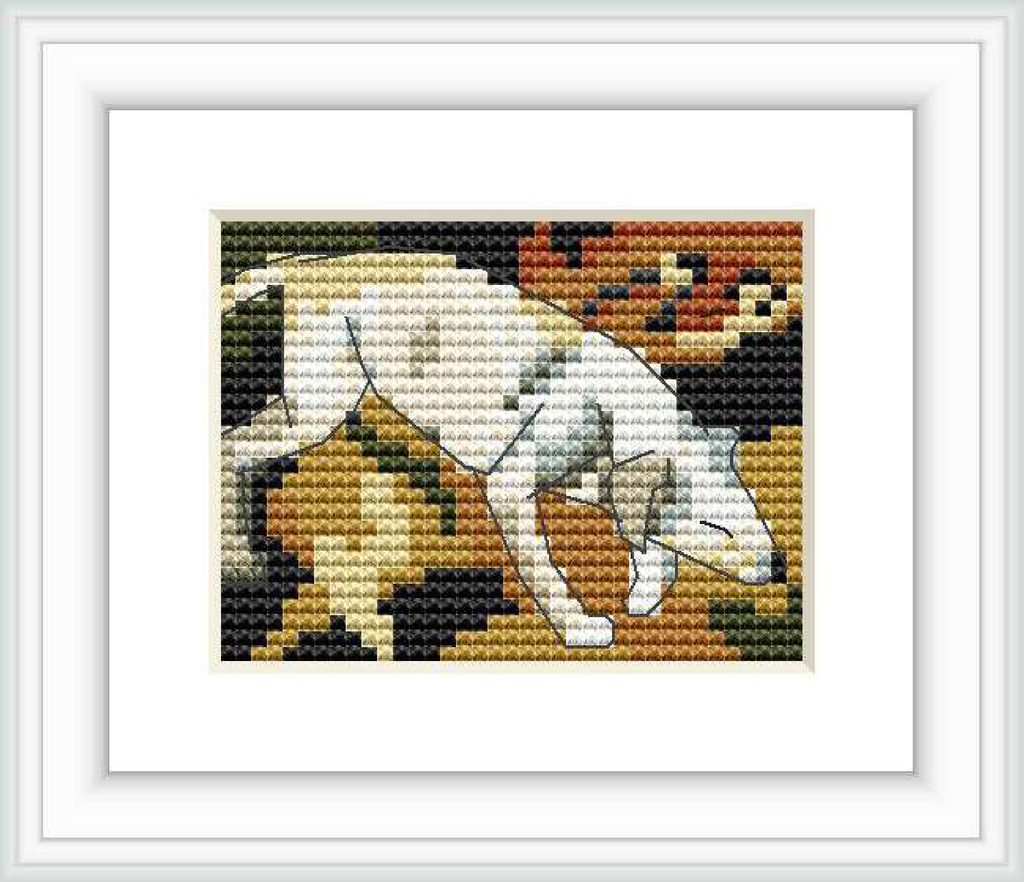 The image features a cross stitch pattern of a dog, captured in dynamic posture with a blend of vivid colors, set against a dark background to emphasize the subject.