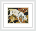 The image features a cross stitch pattern of a dog, captured in dynamic posture with a blend of vivid colors, set against a dark background to emphasize the subject.