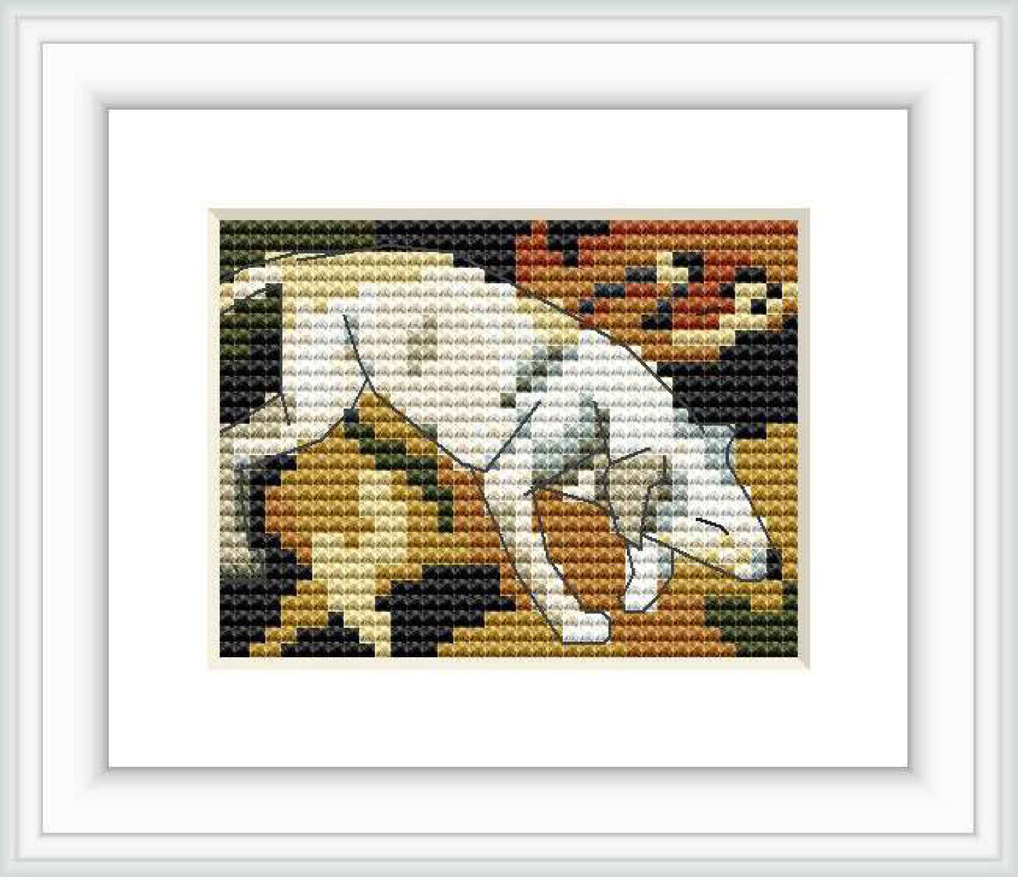The image features a cross stitch pattern of a dog, captured in dynamic posture with a blend of vivid colors, set against a dark background to emphasize the subject.