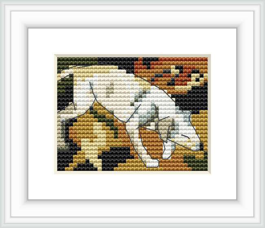 The image features a cross stitch pattern of a dog, captured in dynamic posture with a blend of vivid colors, set against a dark background to emphasize the subject.