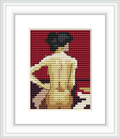 The pattern depicts the back view of a nude female sitting against a red background, with her hair up and hand resting on her waist.