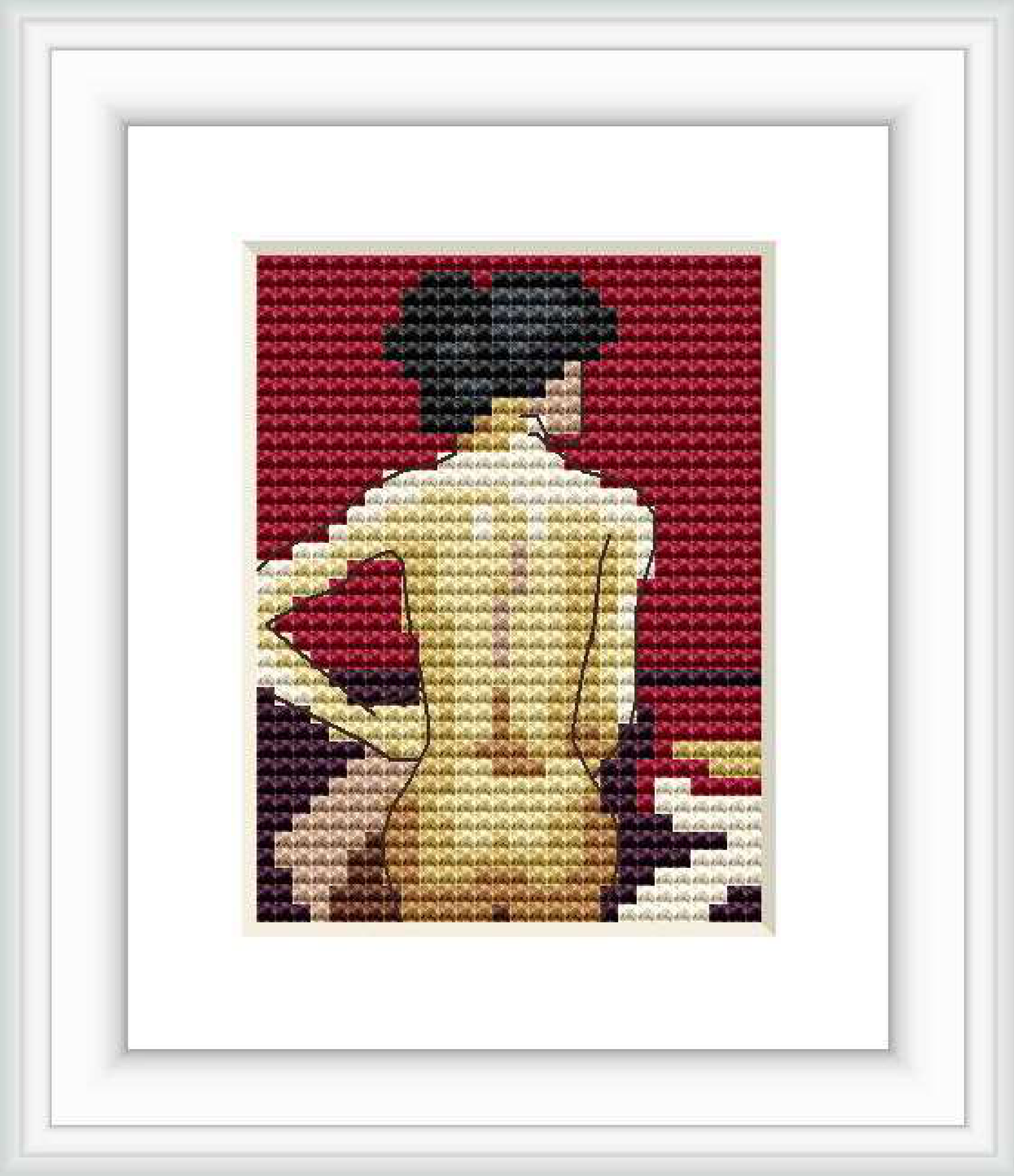 The pattern depicts the back view of a nude female sitting against a red background, with her hair up and hand resting on her waist.