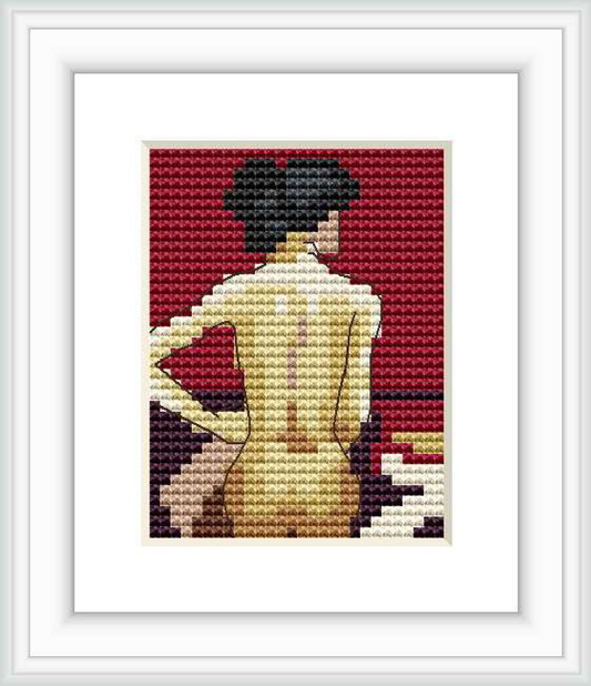 The pattern depicts the back view of a nude female sitting against a red background, with her hair up and hand resting on her waist.