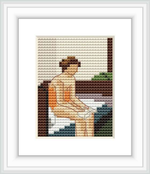 A seated female figure in a hotel room, depicted in a contemplative pose on a bed, with subdued color tones and simplified details reminiscent of Edward Hopper's style.