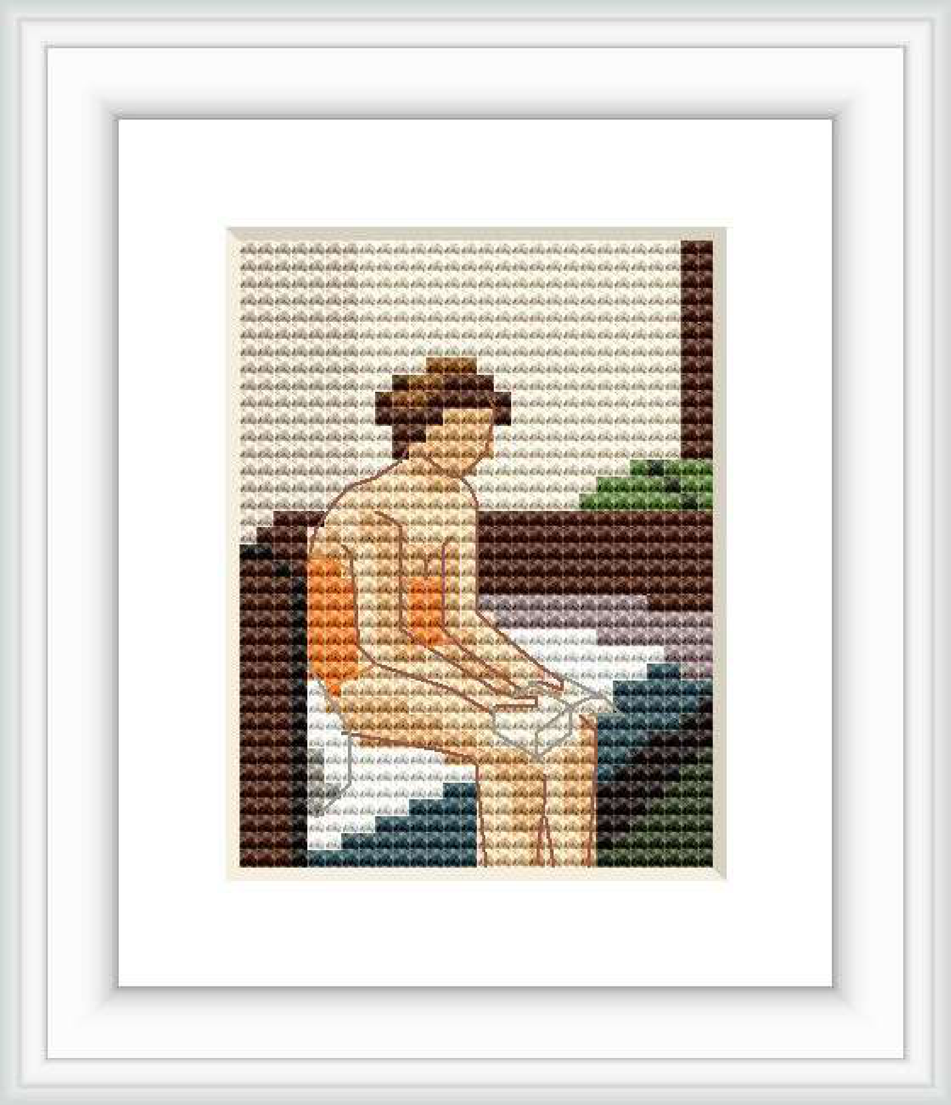 A seated female figure in a hotel room, depicted in a contemplative pose on a bed, with subdued color tones and simplified details reminiscent of Edward Hopper's style.