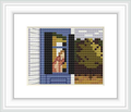 The image depicts a simplified version of Edward Hopper's 'Cape Cod Morning', showcasing a figure standing by a window, with an illusion of sunlight casting shadows, represented with blocks of color.