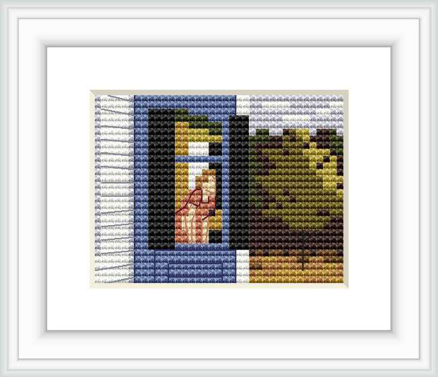 The image depicts a simplified version of Edward Hopper's 'Cape Cod Morning', showcasing a figure standing by a window, with an illusion of sunlight casting shadows, represented with blocks of color.