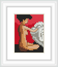 The image shows a cross-stitch pattern framed in white, showcasing a side profile of a human figure sitting against a gradated background moving from darker at the top to lighter at the bottom.