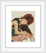 The image showcases a framed cross stitch pattern with the representation of a seated figure from the back, its arms wrapped around the knees, set against a background of pattern-textured stitches.