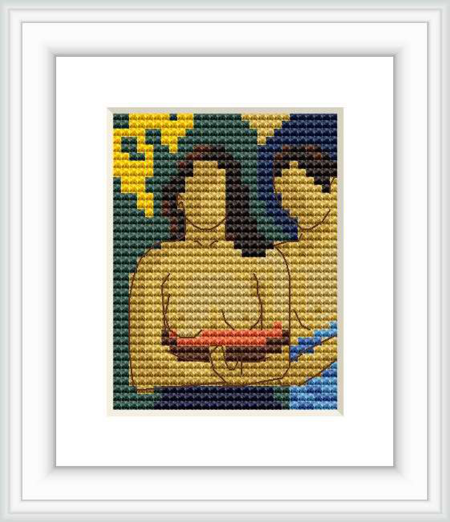 The image depicts two women with a background blending yellow, blue, and green, fitted within a cross-stitch pattern that is framed.