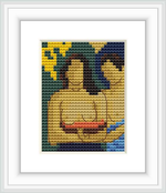 The image depicts two women with a background blending yellow, blue, and green, fitted within a cross-stitch pattern that is framed.