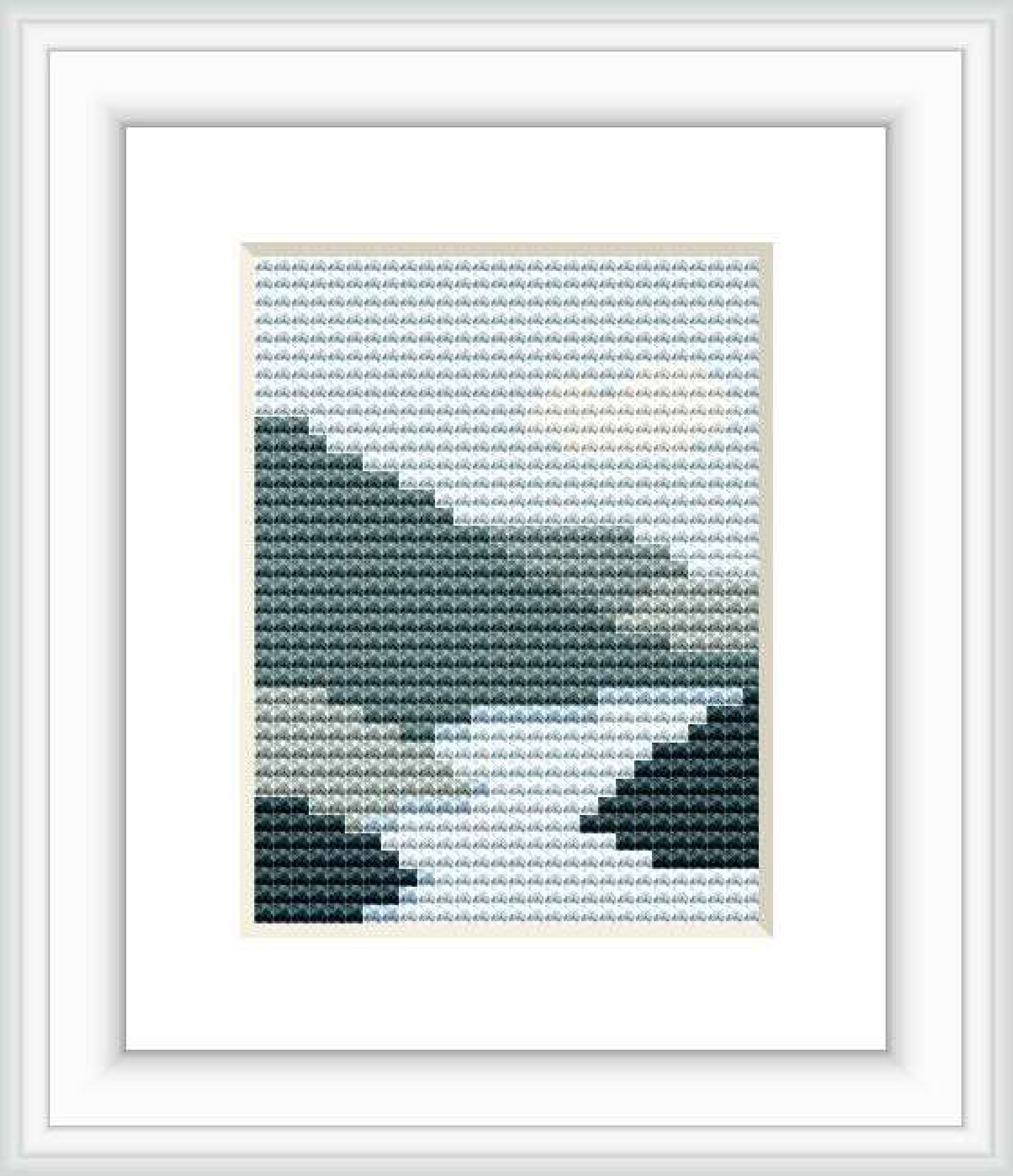 The image displays a cross stitch pattern depicting a river landscape at twilight. There is a gradation of colors representing water and the sky, transitioning from white at the top to navy and black at the bottom.